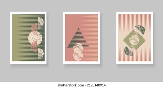 Set of artistic creative abstract backgrounds. Hand drawn texture. Design for poster, postcards, invitations, brochures, leaflets. Green and pink geometric pattern with geometric and grunge elements.