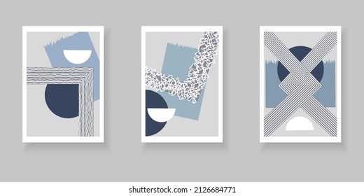 Conjunto de antecedentes artísticos creativos abstractos. Textura dibujada a mano. Diseño de afiches, postales, invitaciones, folletos, volantes. Patrón azul, gris y blanco con elementos geométricos.