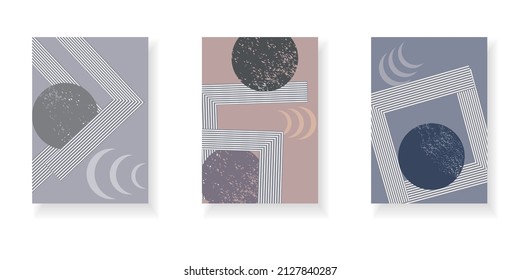 Conjunto de antecedentes artísticos creativos abstractos.  Diseño de afiches, postales, invitaciones, folletos, volantes. Patrón azul, marrón, morado y blanco con elementos geométricos y ondulados.