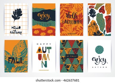 Set of artistic creative autumn cards. Hand Drawn textures and brush lettering. Design for poster, card, invitation, placard, brochure, flyer. Vector templates.