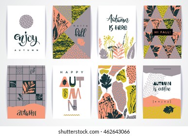 Set künstlerisch kreativer Herbstkarten. Handgezeichnete Texturen und Pinselschrift. Design für Poster, Karte, Einladung, Plakat, Broschüre, Flyer. Vektorvorlagen.