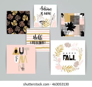 Set of artistic creative autumn cards. Hand Drawn textures and brush lettering. Design for poster, card, invitation, placard, brochure, flyer. Vector templates.