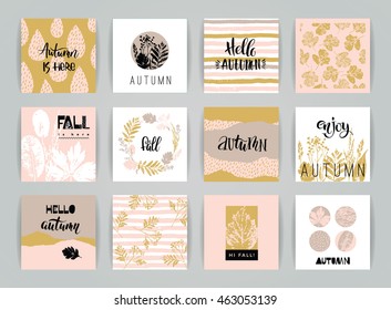 Set of artistic creative autumn cards. Hand Drawn textures and brush lettering. Design for poster, card, invitation, placard, brochure, flyer. Vector templates.