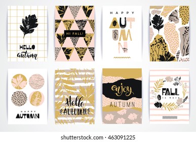 Ensemble de cartes d'automne artistiques et créatives. Textures Dessinées à la main et lettrage des brosses. Conception pour poster, carte, invitation, affiche, brochure, prospectus. Modèles d'images vectorielles.