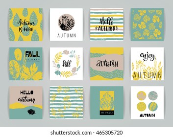 Set of artistic creative autumn cards. Hand Drawn textures and brush lettering. Design for poster, card, invitation, placard, brochure, flyer. Vector templates.