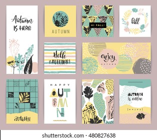 Set of artistic creative autumn cards. Hand Drawn textures and brush lettering. Design for poster, card, invitation, placard, brochure, flyer. Vector templates