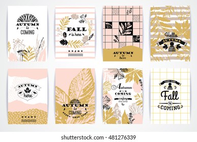 Set of artistic creative autumn cards. Hand Drawn textures and brush lettering. Design for poster, card, invitation, placard, brochure, flyer. Vector templates