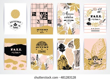 Set of artistic creative autumn cards. Hand Drawn textures and brush lettering. Design for poster, card, invitation, placard, brochure, flyer. Vector templates