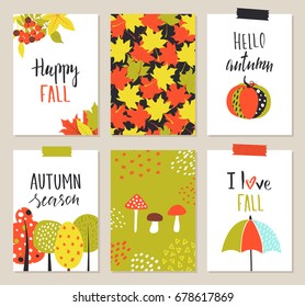 Set of artistic creative autumn cards. Hand Drawn elements. Design for poster, card, invitation, placard, brochure, flyer. Vector template