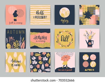 Set of artistic creative autumn cards. Hand Drawn textures and brush lettering. Design for poster, card, invitation, placard, brochure, flyer. Vector templates.