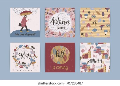 Set of artistic creative autumn cards. Hand Drawn textures and brush lettering.