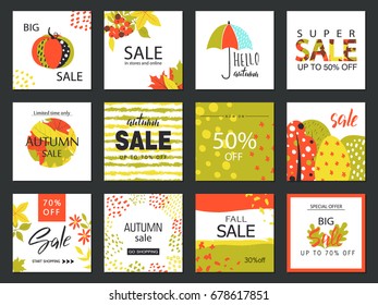 Set of artistic creative autumn sale cards. Hand Drawn style . Design for sale and special offer. Vector templates for poster, card, tag, placard, brochure, flyer, web.