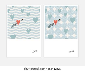 Set of artistic creative cards with arrow and hearts. Hand Drawn textures. Wedding, anniversary, Valentine's day, party. Design for poster, card, invitation, placard, brochure, flyer. Vector.