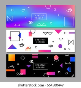 Set of artistic creative cards with eyes and lips and geometric elements. The template for the cover fabric, books. Trendy Memphis style