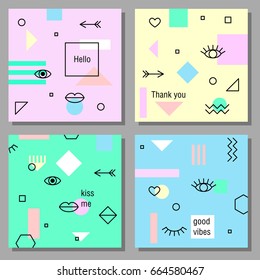 Set of artistic creative cards with eyes and lips and geometric elements. The template for the cover fabric, books. Trendy Memphis style
