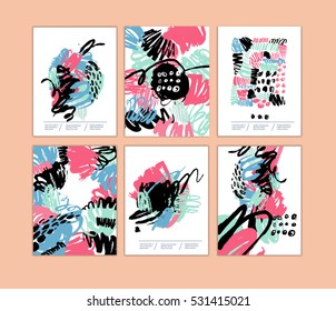 Set of artistic creative cards with hand drawn shapes and textures
Universal templates for invitation.
