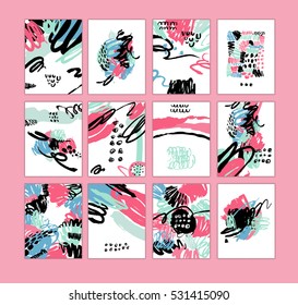 Set of artistic creative cards with hand drawn shapes and textures
Universal templates for invitation.
