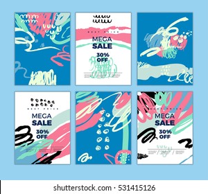 Set of artistic creative cards with hand drawn shapes and textures
Universal templates for invitation.
