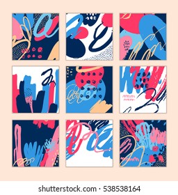 Conjunto de cartas artísticas creativas con formas y texturas dibujadas a mano
Plantillas universales para invitación.
