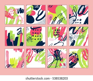 Set of artistic creative cards with hand drawn shapes and textures
Universal templates for invitation.
