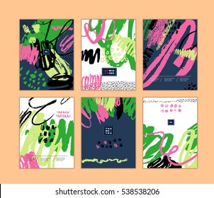 Set of artistic creative cards with hand drawn shapes and textures
Universal templates for invitation.
