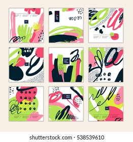 Set of artistic creative cards with hand drawn shapes and textures
Universal templates for invitation.
