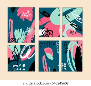 Set of artistic creative cards with hand drawn shapes and textures
Universal templates for invitation.
