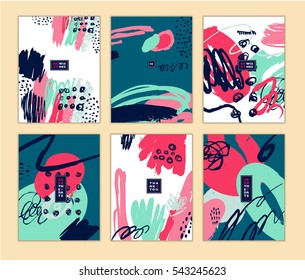 Set of artistic creative cards with hand drawn shapes and textures
Universal templates for invitation.
