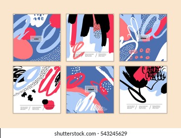 Set of artistic creative cards with hand drawn shapes and textures
Universal templates for invitation.
