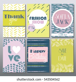 Set of artistic creative cards with hand drawn textures Universal templates