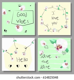 Set of artistic creative cards. Low poly style orchids flowers.
