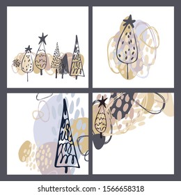 Set of artistic creative Christmas  cards with hand drawn elements. Design for prints,flyers,banners,cards. Vector  illustration