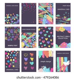 Set of artistic creative hand drawn universal cards. Colorful design for wedding, birthday, Valentine's day, party, invitation, placard, poster, flyer. 