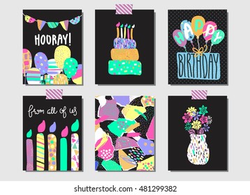 Set of artistic creative hand drawn birthday cards, invitations, party.
