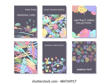 Set of artistic creative hand drawn universal cards with dots, stripes, hearts. Colorful design for wedding, birthday, Valentine's day, party, invitation, placard, poster, flyer. 