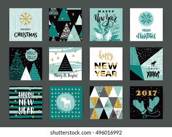 Set of artistic creative Merry Christmas and New Year cards. Hand Drawn textures and brush lettering. Design for poster, card, invitation, placard, brochure, flyer. Vector templates.