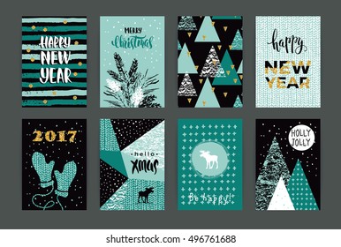 Set of artistic creative Merry Christmas and New Year cards. Hand Drawn textures and brush lettering. Design for poster, card, invitation, placard, brochure, flyer. Vector templates.