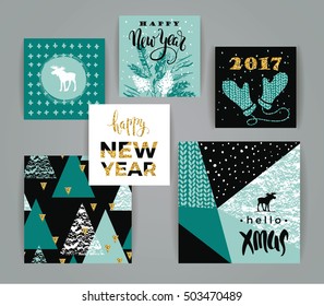 Set of artistic creative Merry Christmas and New Year cards. Hand Drawn textures and brush lettering. Design for poster, card, invitation, placard, brochure, flyer. Vector templates.