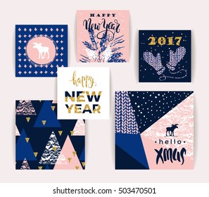 Set of artistic creative Merry Christmas and New Year cards. Hand Drawn textures and brush lettering. Design for poster, card, invitation, placard, brochure, flyer. Vector templates.