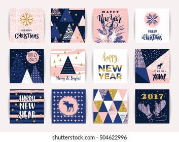 Set of artistic creative Merry Christmas and Nyew Year cyyards. Hand Drawn textuires and brush lettering. Design for poster, card, invitation, placard, brochure, flyer. Vector templates.