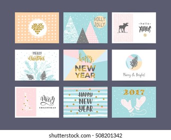 Set of artistic creative Merry Christmas and New Year cards. Hand Drawn textures and brush lettering. Design for poster, card, invitation, placard, brochure, flyer. Vector templates.
