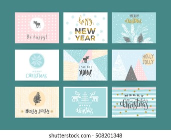 Set of artistic creative Merry Christmas and New Year cards. Hand Drawn textures and brush lettering. Design for poster, card, invitation, placard, brochure, flyer. Vector templates.