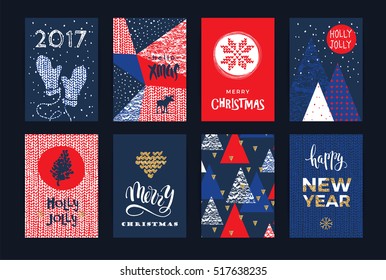 Set of artistic creative Merry Christmas and New Year cards. Hand Drawn textures and brush lettering. Design for poster, card, invitation, placard, brochure, flyer. Vector templates.