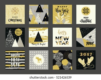 Set of artistic creative Merry Christmas and New Year cards. Hand Drawn textures and brush lettering. Design for poster, card, invitation, placard, brochure, flyer. Vector templates