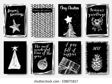 Set of artistic creative Merry Christmas and New Year cards. Hand drawn and brush lettering. Design for poster, card, invitation, flyer. Vector. 