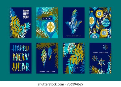 Set of artistic creative Merry Christmas and Nyew Year cyyards. Hand Drawn textuires. Design for poster, card, invitation, placard, brochure, flyer. Vector templates.