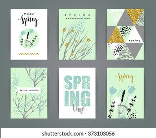 Set of artistic creative spring cards. Hand Drawn  and gold glitter textures. Design for poster, card, invitation, placard, brochure, flyer. Vector.