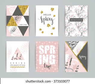 Conjunto de cartas de primavera creativas artísticas. Texturas de deslumbrado de mano y oro. Diseño de póster, tarjeta, invitación, pancarta, folleto, volante.Vector.