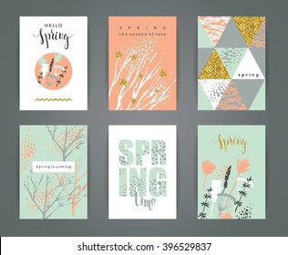 Set of artistic creative spring cards. Hand Drawn and gold glitter textures. Design for poster, card, invitation, placard, brochure, flyer. Vector.