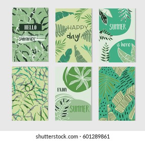 Set of artistic creative summer cards. Hand Drawn textures and brush lettering. Design for poster, card, invitation, placard, brochure, flyer. Vector templates.